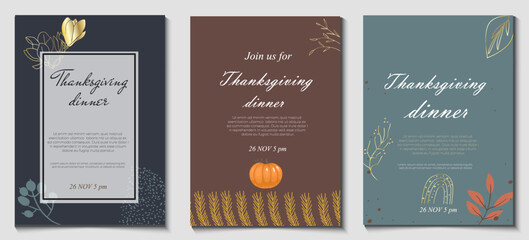 Abstract universal templates in autumn palette with gold line drawing, twigs, twigs, flowers, golden elements, outline, for brochure, web post, advertisement, thanksgiving invitation.