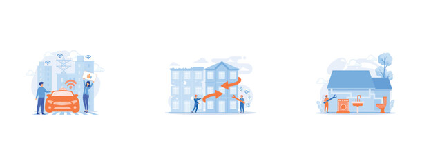 City using intelligent transportation system technologies, Residential house reconstruction, city renovation, Repairman service, set flat vector modern illustration