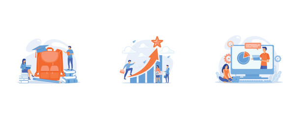 Big backpack, teacher speaking and student with laptop, Successful businessman running up the career stairs and rising arrow to a star, Student with laptop and lector at the LCD screen, set flat vecto