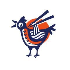 Chicken and noodles chopsticks logo design for restaurant or kitchen food illustration
