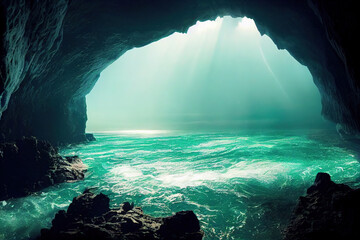 Fototapeta na wymiar Looking out a gigantic cave in the ocean. Sun rise, clear skies, waves, crystal-clear turbulent water. Abstract landscape. 3d illustration