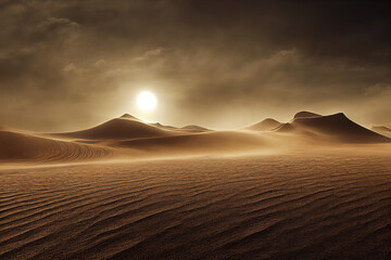 Dramatic sand storm in desert. Abstract background. Digital art.  - obrazy, fototapety, plakaty