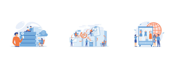 Obraz premium Internet users with proxy server using big data, Workforce organization and management, Recyclable and eco textile, set flat vector modern illustration