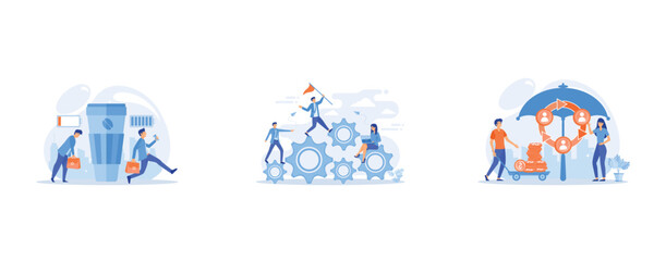 Fototapeta premium Office worker coffee break, Leadership, Individuals pool their premiums together to insure against a risk, set flat vector modern illustration