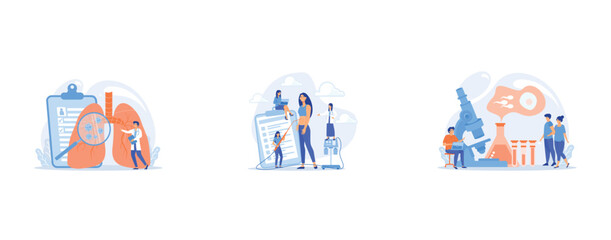 Fototapeta premium Huge magnifier showing cancer in the lungs and doctor with document folder, Plastic surgeon with a suction tube doing liposuction of woman marked body parts, Scientist on microscope working on inferti