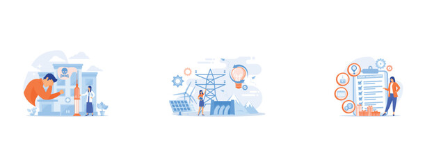 Patient getting medical treatment for dependency on psychoactive substances, Scientist with sustainable development ideas solar panels, hydropower, wind, Manager with checklist creating event plan and