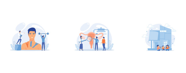 Webinar, Internet lesson, Doctors examine uterus with magnifier to treat endometriosis, Children play in center giving information about treatment of ASD, set flat vector modern illustration