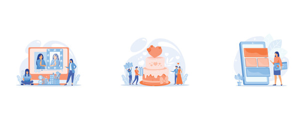 Female user watches beauty blogger showing latest trend makeup tutorial, Bride and groom at wedding party and guests with gifts at big cake, Mobile software optimization, UI, UX development, set flat 