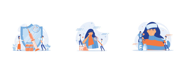 Tiny people doctors and syringe with vaccine, shield, Female patient sneezing, taking a pill from doctor and allergen under magnifier, Sick woman with flu and cold symptoms and doctors, tiny people, s