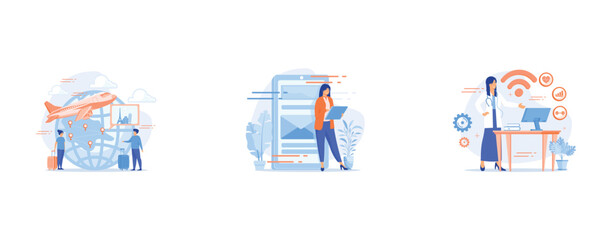 Naklejka premium Couple going on holiday vacation, around world journey, Modern communication technology, online chatting, SMS texting, Health monitoring system, set flat vector modern illustration