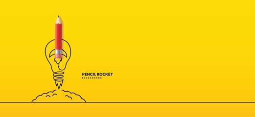 Back to School horizontal banner with rocket pencil launching to space. Online courses, learning and tutorials Web page template. Online education concept