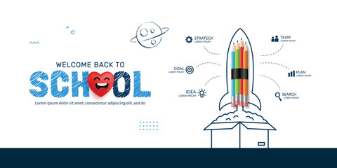 Pencil Rocket launching out from the box infographic, Back to School background, Think outside the box concept