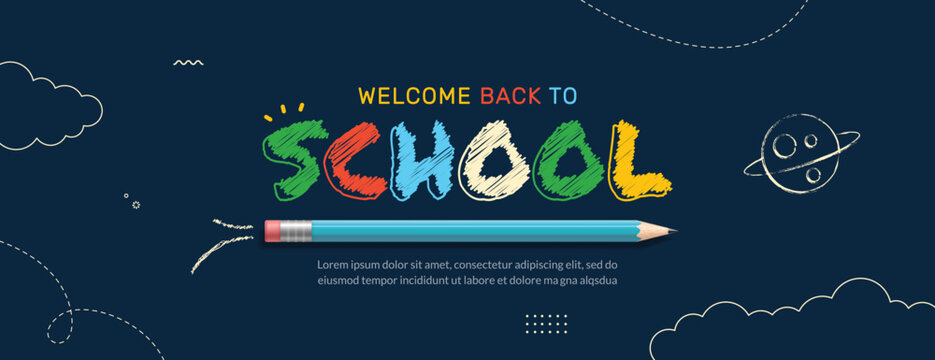 Back to School horizontal banner with colorful lettering. Online courses, learning and tutorials Web page template. Online education concept