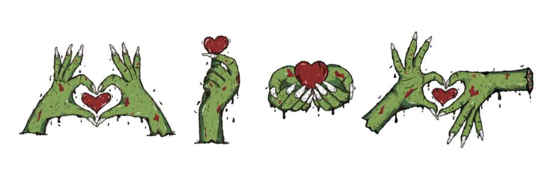 Halloween zombie hand with heart, zombie finger heart	
