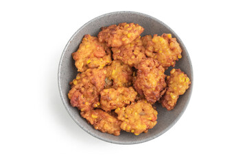 top view of fried corn fritter or in Indonesia called Perkedel Jagung or Bakwan Jagung with shrimp inside isolated on white background