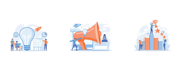 Obraz premium Business team brainstorm, lightbulb and rocket, Designers work on new brand and big megaphone, Key to success and success story, business chance, on the way to success concept on white background, set