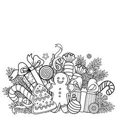 Vector black and white coloring page for Christmas coloring book for adult. Sweets and gifts from Santa and festive decoration