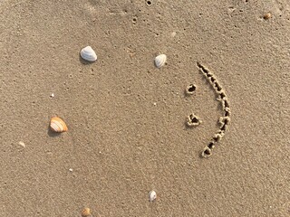 A smiling face carved in the sand with seashells