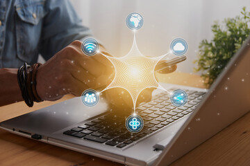 Casual Businessman Touching Mobile Phone and 6 Angle Spirograph Blue Communication Sign