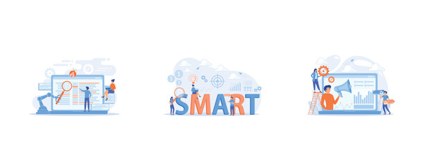 Obraz premium Laptop and software assisting in testing process, tiny people testers, Tiny business people working on goals and sitting on smart word, Tiny people, marketer with megaphone, consumers data analysis, s