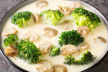 Homemade cheese soup with broccoli and champignon mushrooms close-up in a bowl on the table. Horizontal