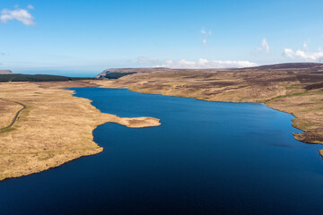 Fototapeta na wymiar aerial view of reservoir in the countryside of Northern Ireland during Springtime