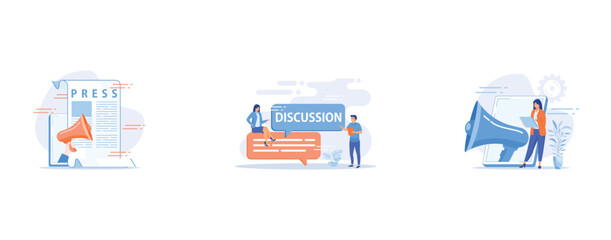 Mass media, press release, Business discussion, Social media marketing, set flat vector modern illustration