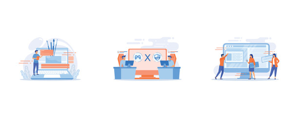Graphic design video tutorial, Cybersports competition, Website interface development planning, set flat vector modern illustration © Alwie99d