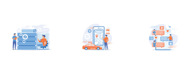 Developer using big data applications and tablet, A man near huge smartphone with city map and gps tags on the screen calls a taxi, Tablet with users communicating and speech bubbles, set flat vector 