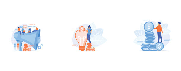 Fototapeta premium Digital marketing team with laptops and light bulb, Capital investment, sponsorship, Finances management, set flat vector modern illustration