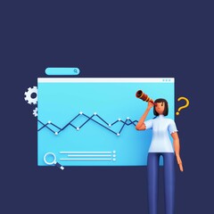 3D Render Of Business Woman Searching And Presenting Statistic Chart On Blue Background.