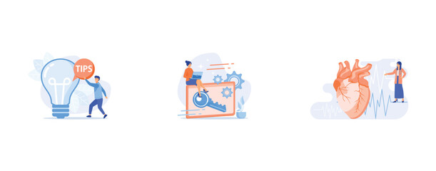 Tips and creative ideas, Modern promotion strategy, Cardiology clinic, hospital department, set flat vector modern illustration