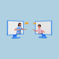 3D Render Of Young Man And Woman Having Video Call Through Desktop On Blue Background.