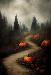 Autumn forest trail with pumpkins on the roadside and dark dramatic overcast sky