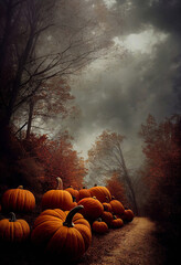 Autumn forest trail with pumpkins on the roadside and dark dramatic overcast sky