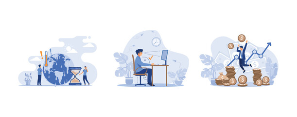 Tiny people with melting planet in background, Instruction for correct pose during office work, Happy rich banker celebrating income growth, set flat vector modern illustration