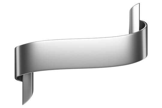 3d label ribbon. Glossy silver blank plastic banner for advertisment, promo and decoration elements. High quality isolated render