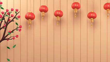 3D Render Of Hanging Chinese Lanterns With Flower Branch And Copy Space On Peach Vertical Stripes Background.