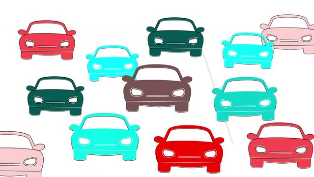 Traffic, cars, automobiles, road seamless loop animation. Luma matte, alpha channel, mask, chroma key. Blue, yellow, grey, brown cars isolated on white.