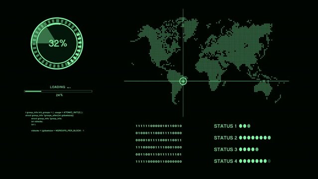 Green 2D digital HUD status bar and random binary code highlighting on black screen - Hacking text program with percent loading data and World Map Finding Target - HUD futuristic technology background