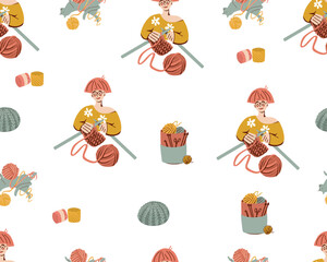  Young woman knits with large knitting needles seamless pattern. Knitting . Cat is playing with balls of thread. Vector organic flat illustration. 