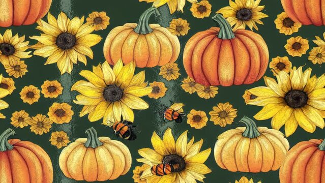 Fall seamless looping animation with pumpkins and bees on cream background, Autumn animation with sunflower, flowers, bee watercolor wrapping paper, animation fills, Thanksgiving, web page background.