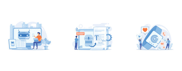 User with computer, laptop and tablet screens with chatbot and digital habits, Speech-to-text app, voice recognition application, Smartwatch with applications icons and users, set flat vector