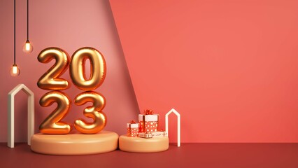3D Golden Balloon 2023 Number Over Podium With Gift Boxes, Arch Shape And Illuminated Light Bulbs Hang Against Background.