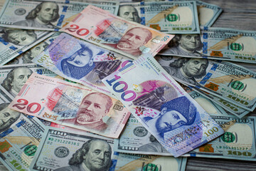 Fototapeta na wymiar Georgian lari banknotes. Exchange dollars lari