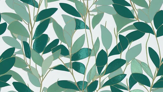 Floral seamless looping animation, blue, green and white Ficus Elastica rubber plant on white background