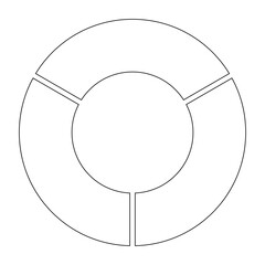 Pie chart, diagram. Black outlined circle divided in three parts, in thirds. Isolated png illustration, transparent background. Asset for overlay, montage, collage, presentation. Business concept.	