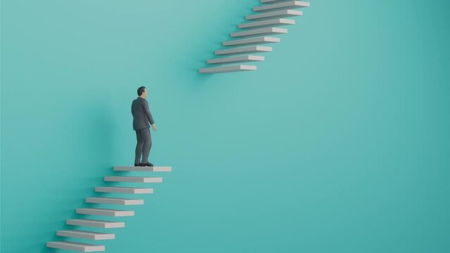 途切れた階段の途中で困惑するビジネスマン / ビジネスの難題・予期せぬ障害・解決不能の3Dモーショングラフィックス / ループ再生可能