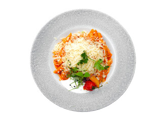 Plate with freshly cooked pasta with tomato sauce and grated cheese  isolated on transparency photo png file 