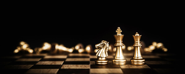 King queen and knight chess stand with falling chess concept of team player or business team and...
